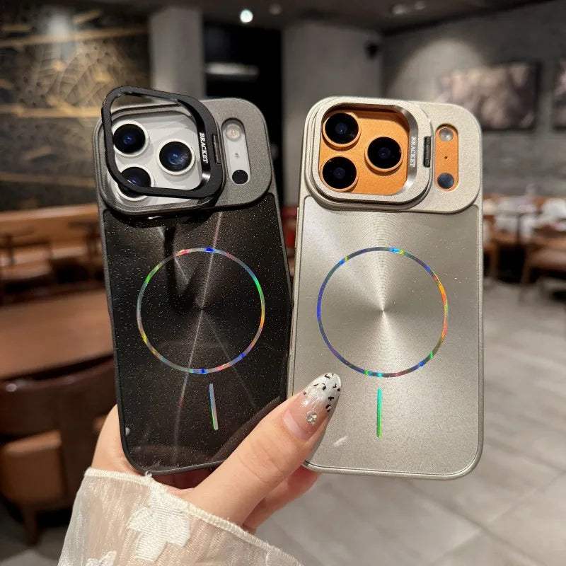 【Magsafe対応】メタリックリングシールド × レインボー光沢 スマホケース|iPhone対応 #250314