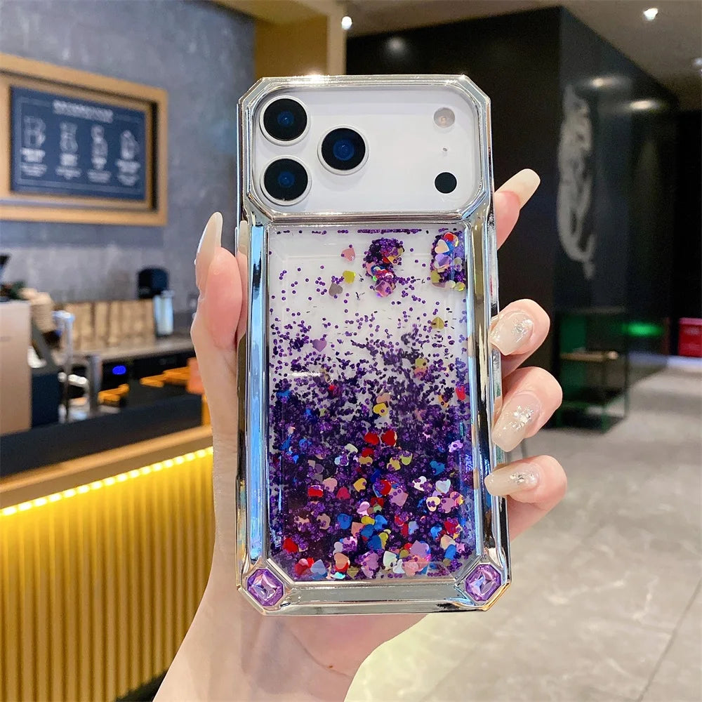 【流れるシリーズ】グリッタージュエル リキッド スパークル スマホケース|キラキラハート入りデザイン|iPhone対応 #241124