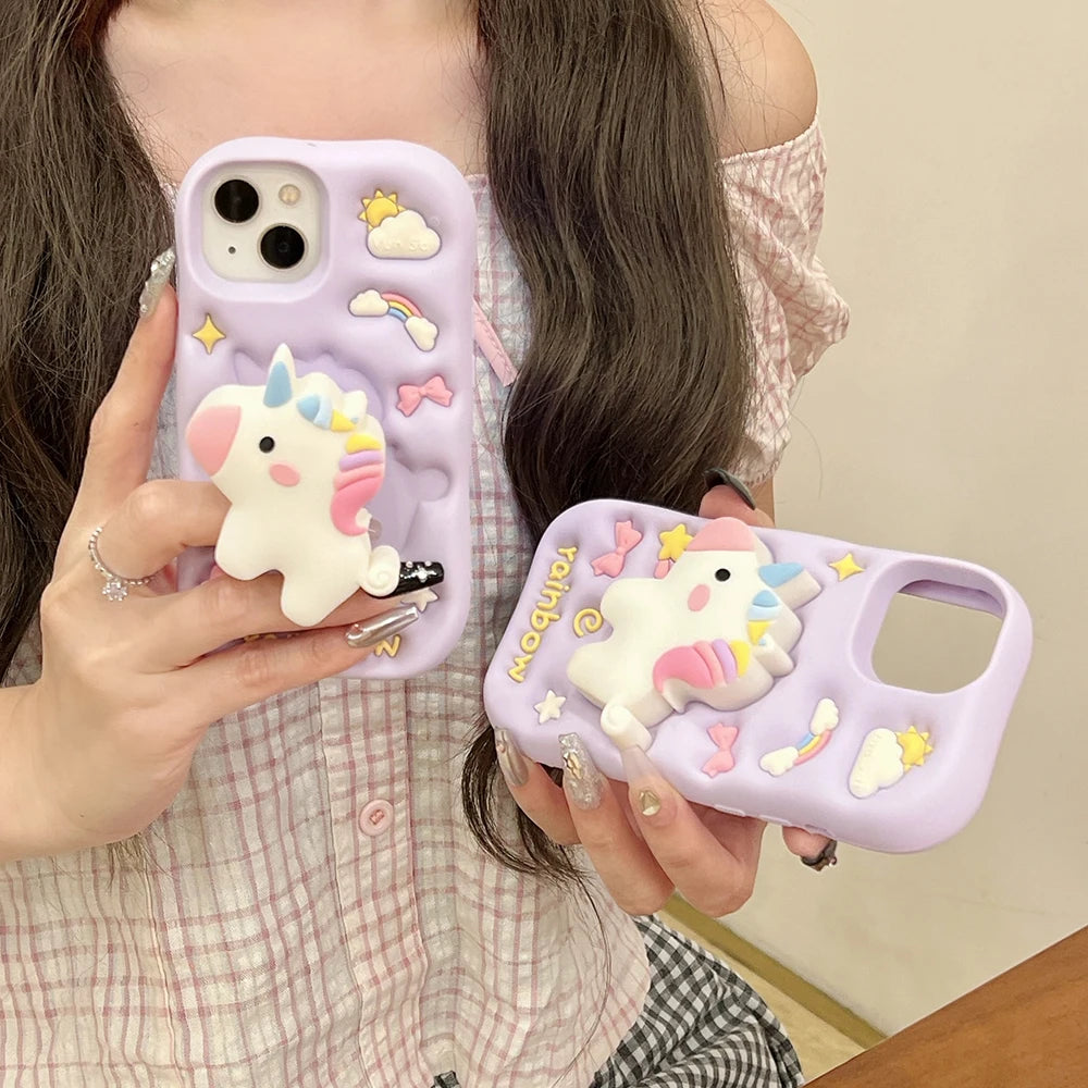 【アニマルシリーズ】立体レインボーユニコーン かわいい3Dデザイン スマホケース|iPhone対応 #251006
