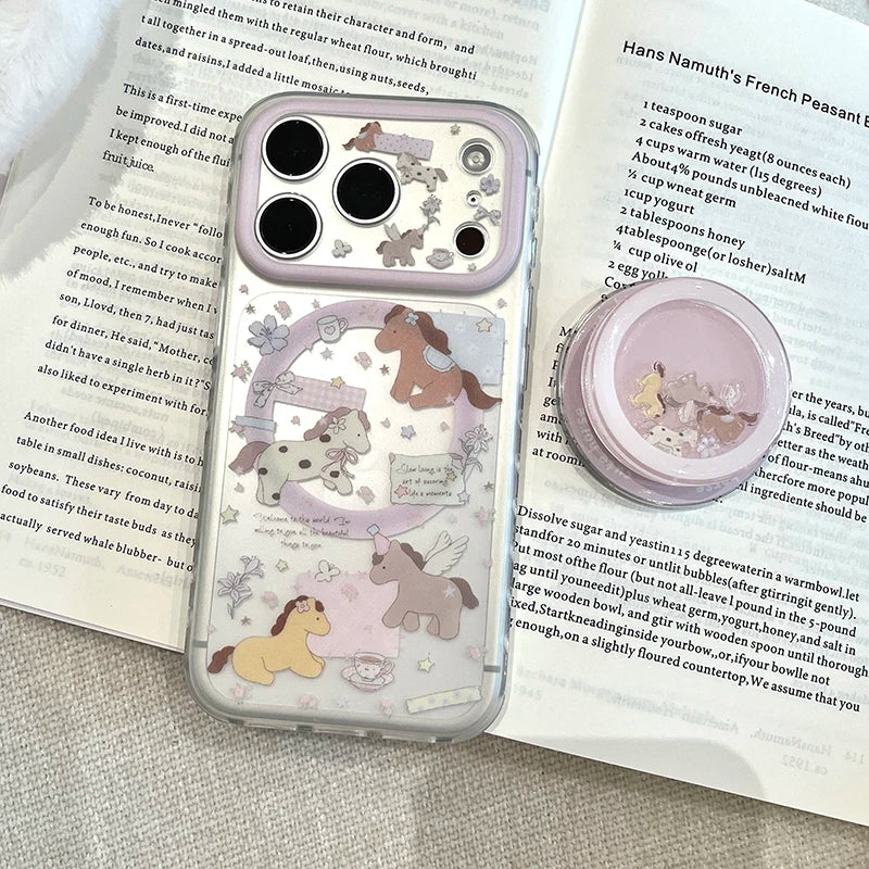 ユニコーンホース イラストiPhoneケース|パステル動物柄・クリアグリップ付き #240428