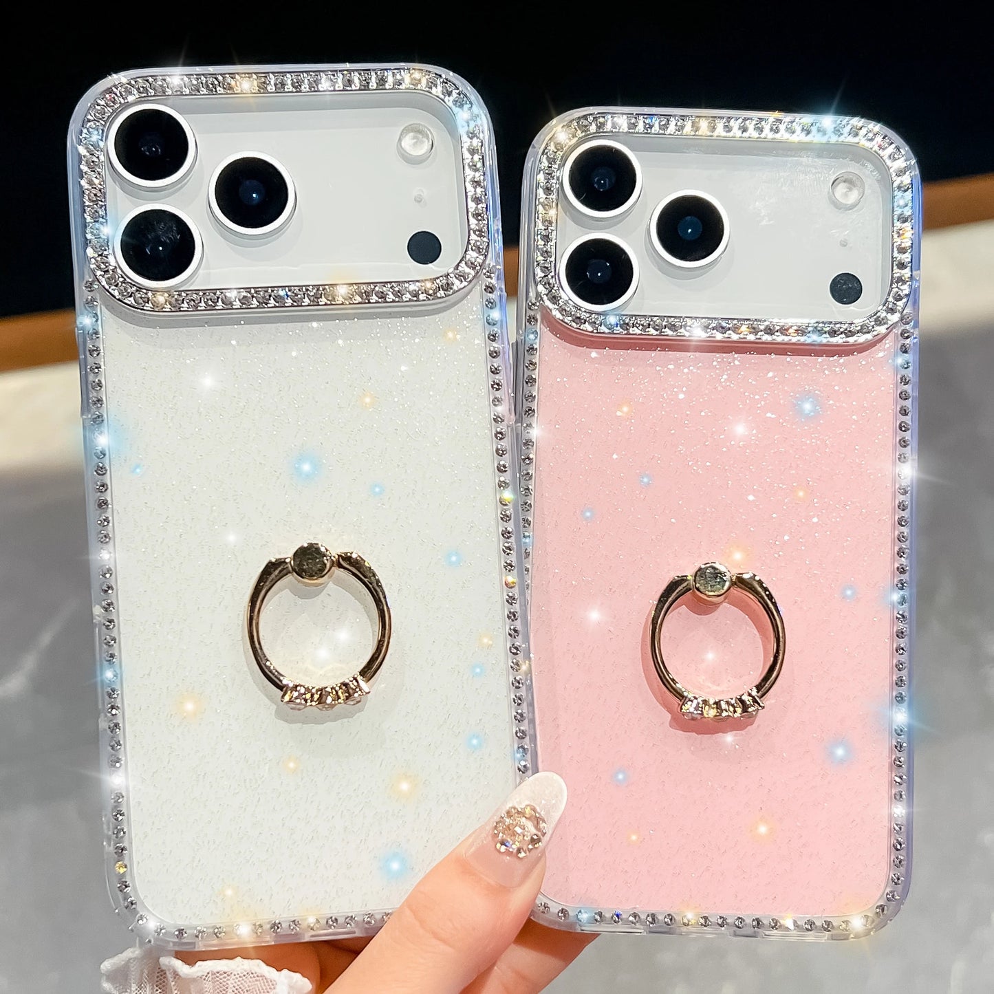 【グリッターシリーズ】輝くホログラムスター キラキラストーン付き リング付きスマホケース|iPhone対応 #251010