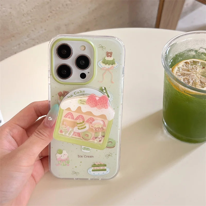 【抹茶×いちごケーキ】ホルダー付き スイーツ スマホケース|iPhone対応 #250725