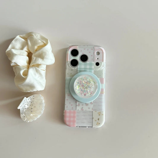 パステルチェック キラキラ Magnetグリップ付き フラワーiPhoneケース|クリアベース・淡色デザイン #231202