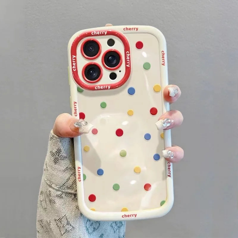 【フルーツシリーズ】ポップでかわいいドット柄&立体チェリー スマホケース|iPhone対応 #250921