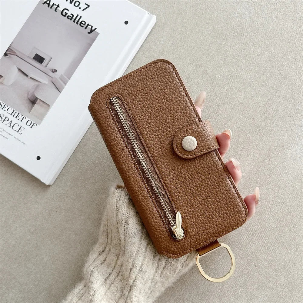 【ブックスタイル】キーリング付き レザー調 財布一体型 手帳型 iPhoneケース|ファスナー収納・多色展開 #240128