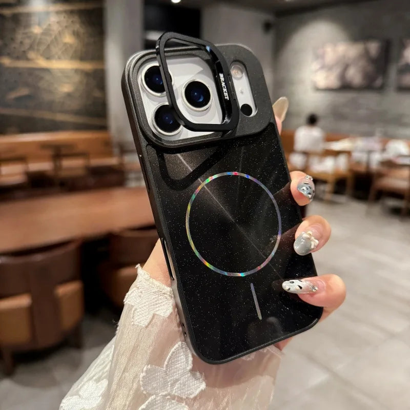 【Magsafe対応】メタリックリングシールド × レインボー光沢 スマホケース|iPhone対応 #250314