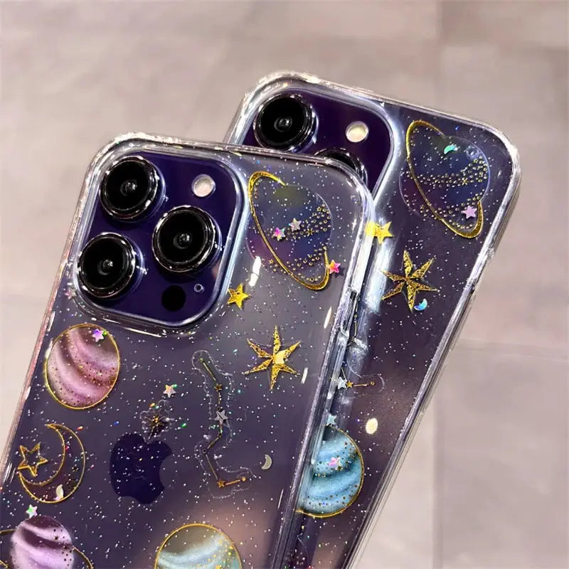 【グリッター 惑星 クリアスマホケース】星 月 ラメ|iPhone対応 #250814
