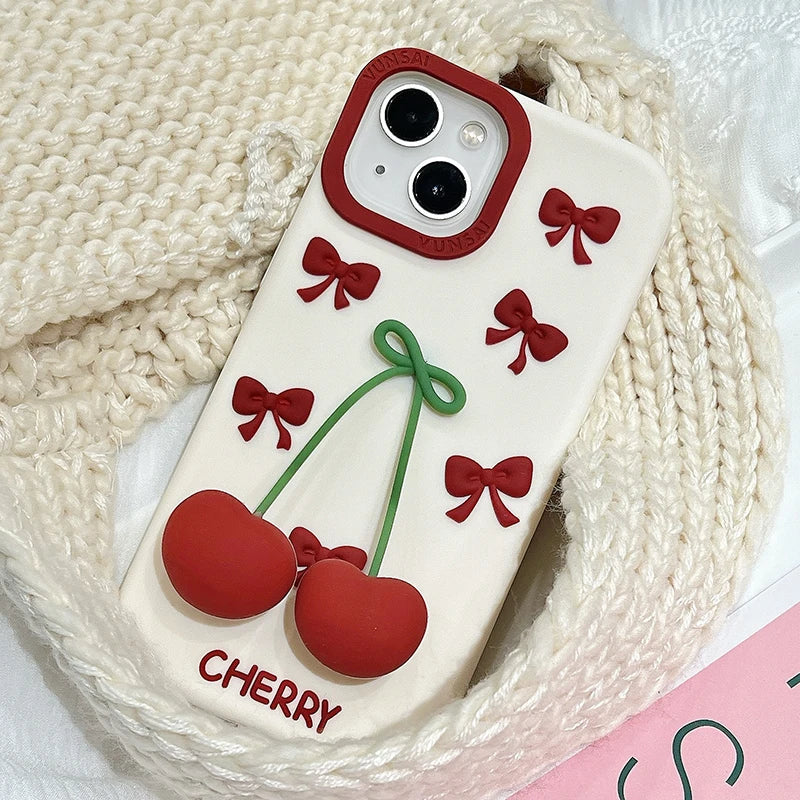【フルーツシリーズ】立体さくらんぼ&リボンデザイン スマホケース|iPhone対応 #250827