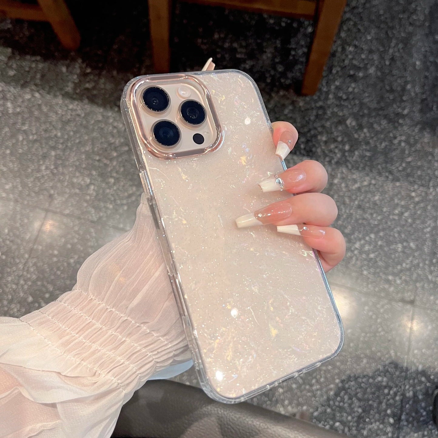 【大理石風】上品パール調 ホワイトシェル クリア iPhoneケース 高級感 キラキラ おしゃれ 耐衝撃|iPhone対応 #250405