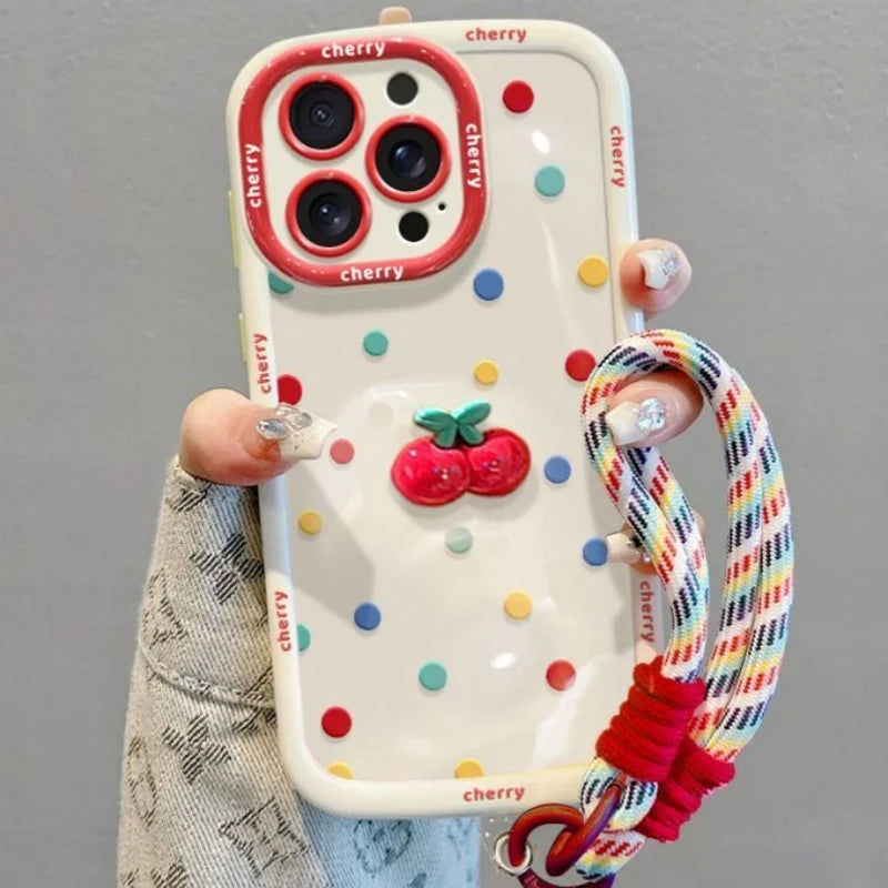【フルーツシリーズ】ポップでかわいいドット柄&立体チェリー スマホケース|iPhone対応 #250921