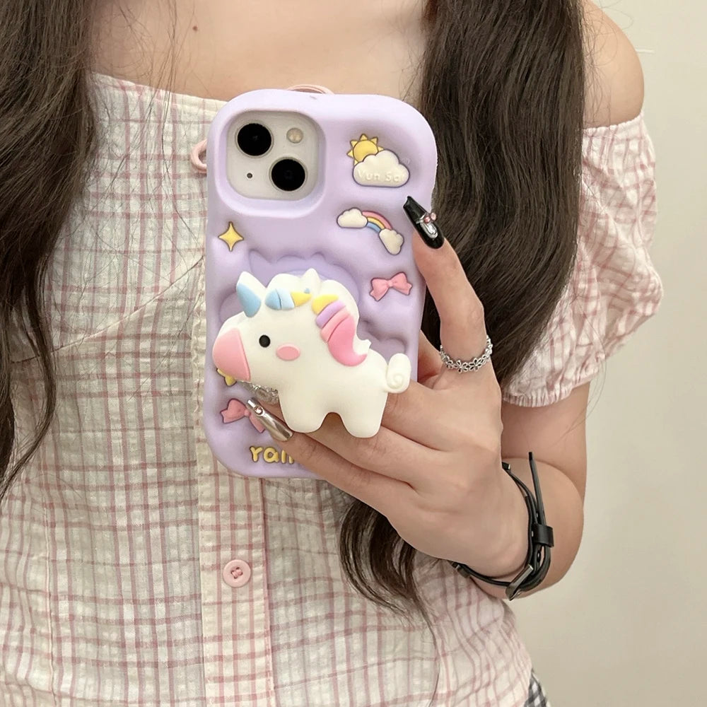 【アニマルシリーズ】立体レインボーユニコーン かわいい3Dデザイン スマホケース|iPhone対応 #251006