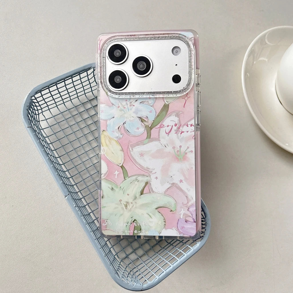 【ユリの花】iPhoneケース フラワーアート ピンク|スクエアデザイン 花柄グリッター付きi #230823