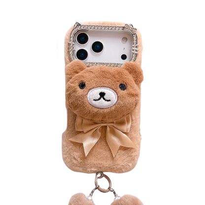 【アニマルフェイスシリーズ】くまさんぬいぐるみ スマホケース｜ふわもこ立体デザイン × ポンポンストラップ付き｜iPhone対応 #241128