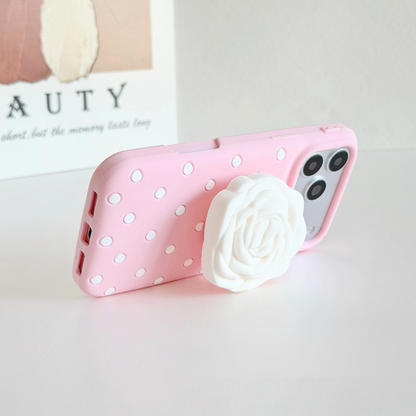 3D 立体ローズグリップ付き ドット柄 iPhoneケース｜ストラップ・フェミニンデザイン #231207