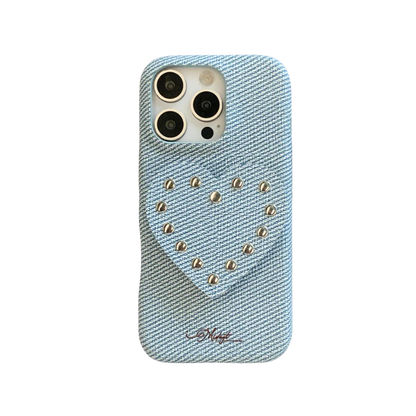 【スタッズハートスタンド】レザー デニム ハート×シルバースタッズ スマホケース｜iPhone対応 #250327