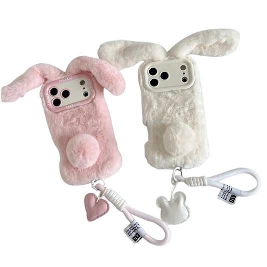 【ふわもこファーシリーズ】うさ耳 ポンポン ストラップ付き スマホケース｜iPhone対応 #250320