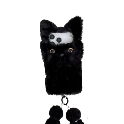 【キャットファーポンポン】ねこ耳 × ふわもこファー スマホケース｜iPhone対応 #250109