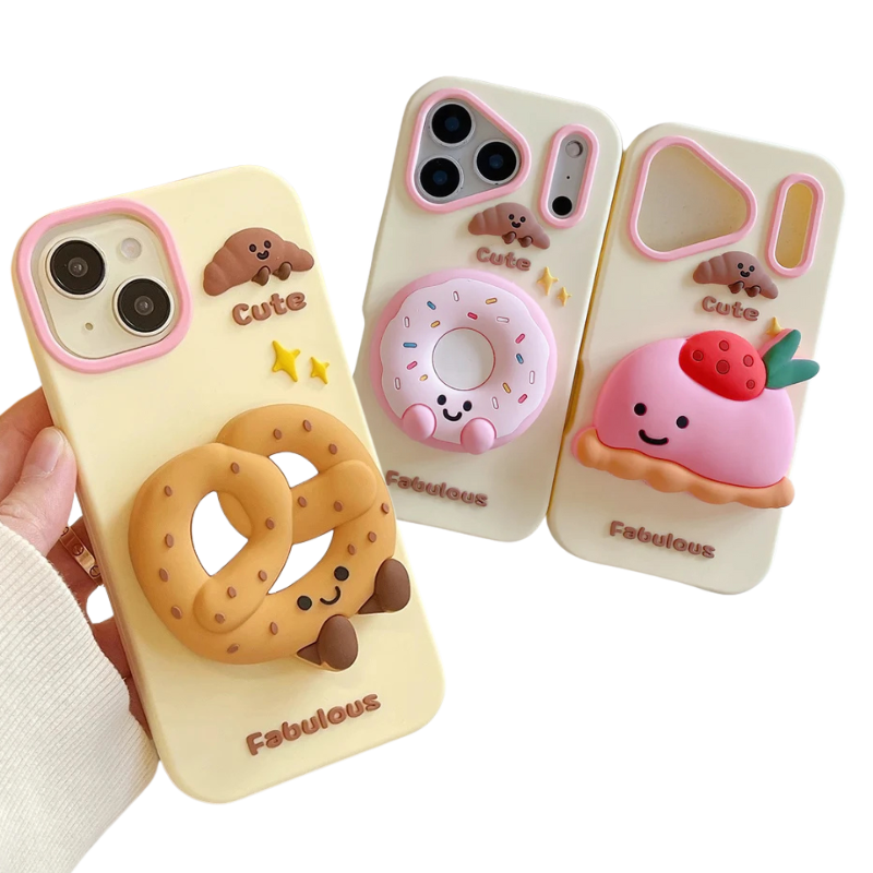 【ぷっくり3Dシリーズ】ドーナツ×プリン×プレッツェル 立体スイーツ ポップソケット スマホケース｜iPhone対応 #250212