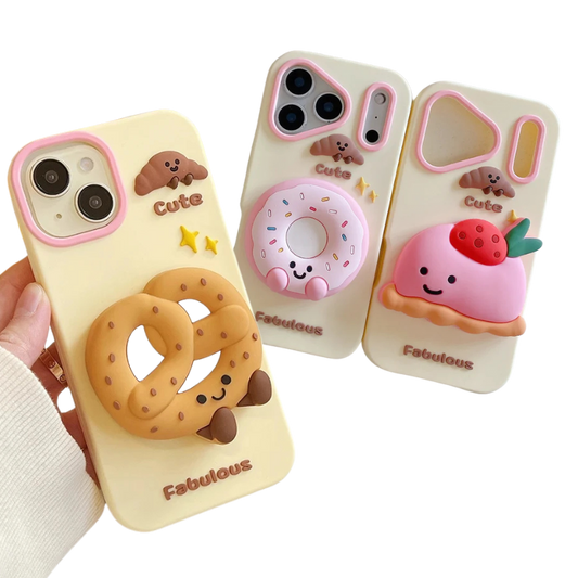 【ぷっくり3Dシリーズ】ドーナツ×プリン×プレッツェル 立体スイーツ ポップソケット スマホケース｜iPhone対応 #250212