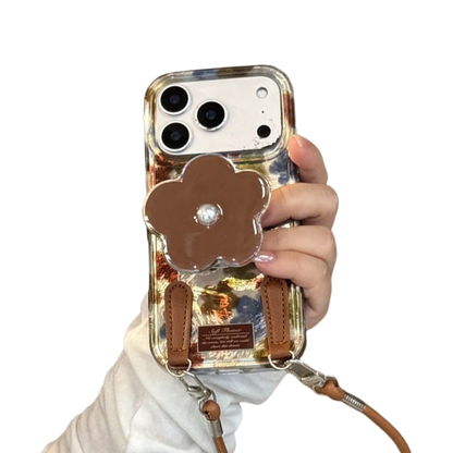 【フラワーパールスタンド】マーブル調×花柄 レザーチャーム付き スマホケース｜iPhone対応 #250312