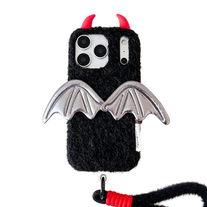【デビルウィング】立体シルバーウィング×ふわもこファー スマホケース｜iPhone対応 🪽🖤 #241219