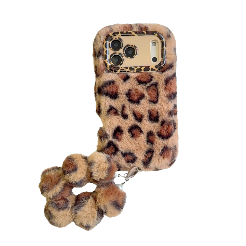 【レオパードファーポンポン】もこもこ アニマル ヒョウ柄 × ふわふわチャーム スマホケース｜iPhone対応 #250104