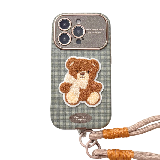 【テディチェック】くま＆プードル刺繍 チェックスマホケース｜iPhone対応 #241231