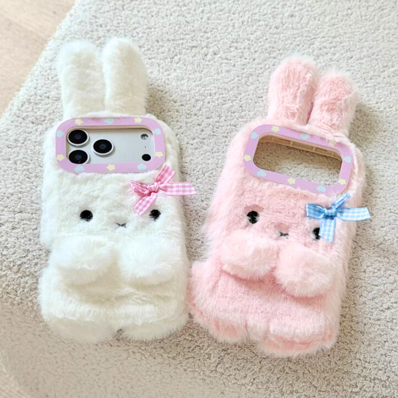 【ふわもこファーバニー】チェックリボン×ラビットファー スマホケース｜iPhone対応 #241223