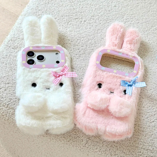 【ふわもこファーバニー】チェックリボン×ラビットファー スマホケース｜iPhone対応 #241223
