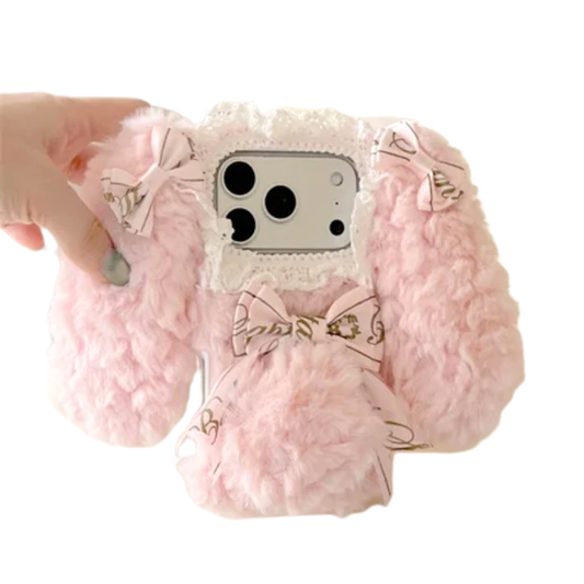 【ロリータファーリボンうさぎ】耳付き ふわもこリボン × レースデザイン ラビット スマホケース｜iPhone対応 #250102