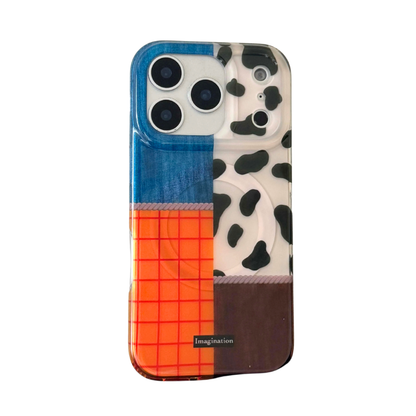 【カウパッチワーク】デニム×チェック×アニマル柄 スマホケース｜iPhone対応 #250123