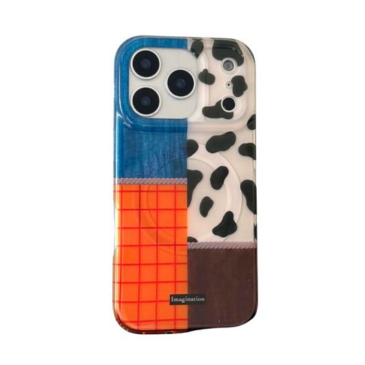 【カウパッチワーク】デニム×チェック×アニマル柄 スマホケース｜iPhone対応 #250123