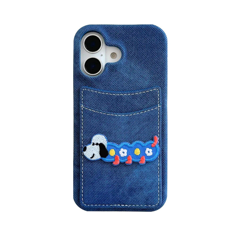 【デニムドッグシリーズ】刺繍ポケット スマホケース｜デニム生地×立体わんこデザイン｜iPhone対応 #241208