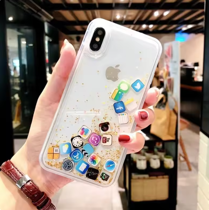 【流れるシリーズ】アプリアイコン クリア 透明キラキラ ラメ ソフト スマホケース カバー｜iPhone対応 #250402