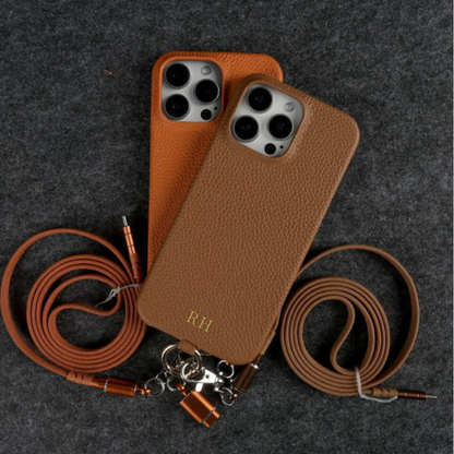 【本革シリーズ】名入れカスタム ロングストラップ付き レザー スマホケース｜ iPhoneケース #241011