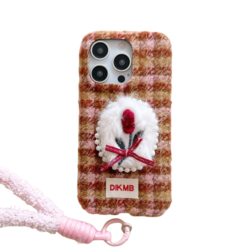 【チェックファーチューリップ】リボン スマホケース 立体刺繍×ふわもこストラップ付き｜iPhone対応 #241206