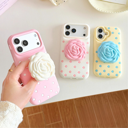 3D 立体ローズグリップ付き ドット柄 iPhoneケース｜ストラップ・フェミニンデザイン #231207