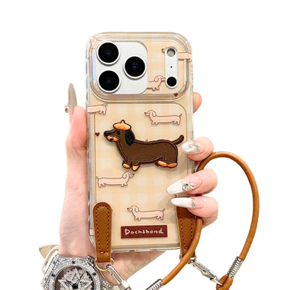 【ミニチュアダックス】刺繍ワッペン × クリアギンガムチェック レザー風 ストラップ付き スマホケース｜iPhone対応  #241221