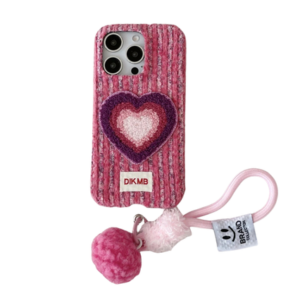 【ハートニットポンポン】もこもこ カラフルハート×ふわふわチャーム Y2K スマホケース｜iPhone対応 #250105