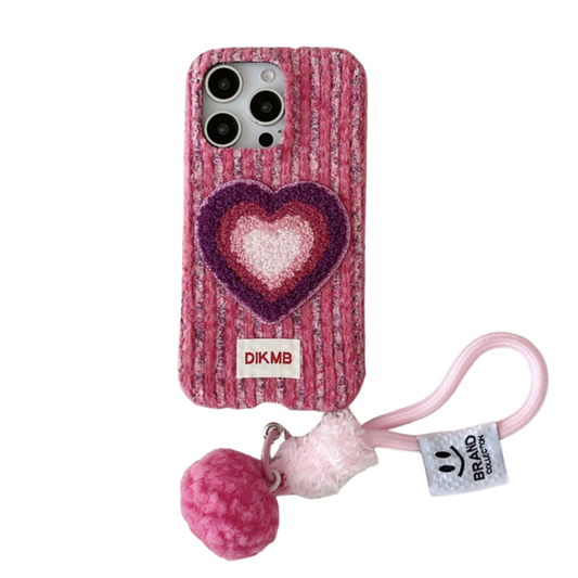 【ハートニットポンポン】もこもこ カラフルハート×ふわふわチャーム Y2K スマホケース｜iPhone対応 #250105