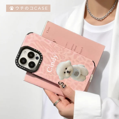【ウチのコCASE】ペット写真 × カスタム ネーム 印字 ピンクレオパード スマホケース｜iPhone対応 #241006