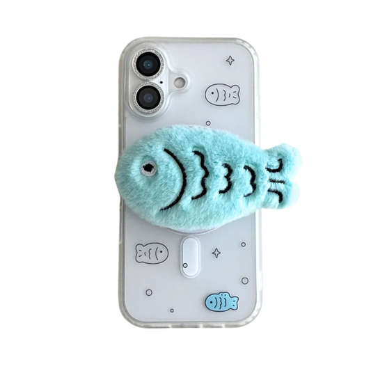 【Magsafe対応】ふわふわ 3D フィッシュファー ポップスタンド × クリアデザイン スマホケース｜iPhone対応 #241226