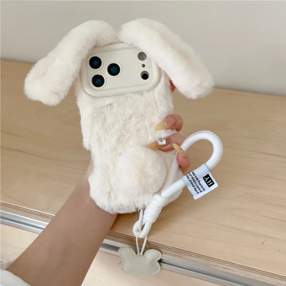 【ふわもこファーシリーズ】うさ耳 ポンポン ストラップ付き スマホケース｜iPhone対応 #250320
