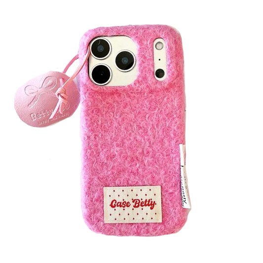 【ふわもこボア素材】リボン タグ付き 韓国風スマホケース｜iPhone対応 #250117