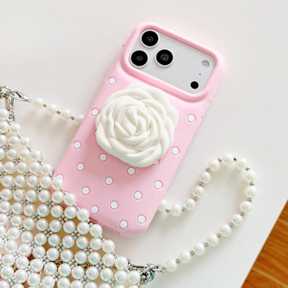 3D 立体ローズグリップ付き ドット柄 iPhoneケース｜ストラップ・フェミニンデザイン #231207