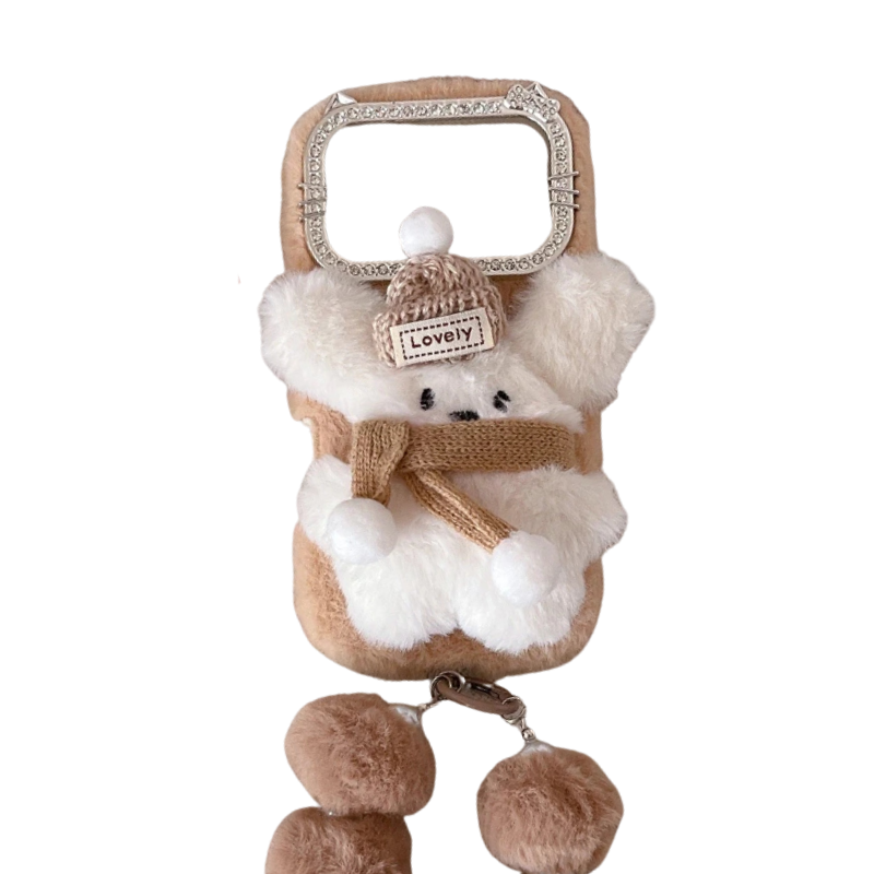 【ふわもこアニマルシリーズ】リボンベア スマホケース｜もこもこ素材 × ポンポンストラップ付き｜iPhone対応 #241205