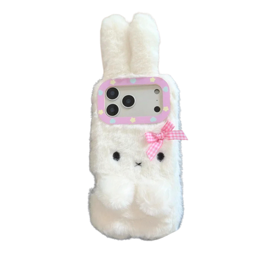 【ふわもこファーバニー】チェックリボン×ラビットファー スマホケース｜iPhone対応 #241223