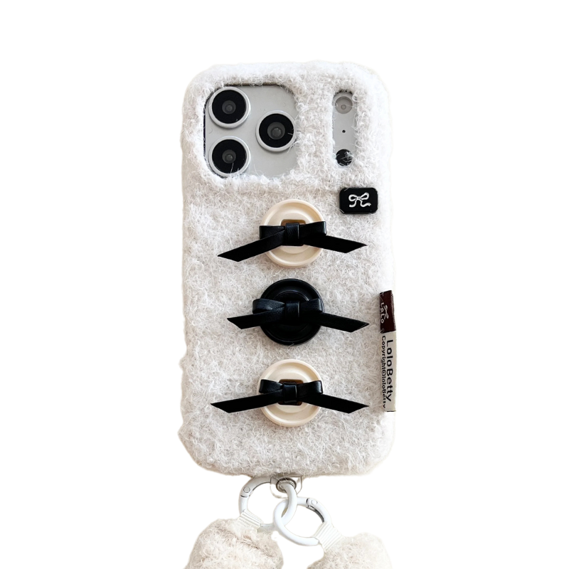 【もこもこファーシリーズ】ふわふわボア素材 リボンボタン ハンドストラップ付き スマホケース｜iPhone対応 #241211