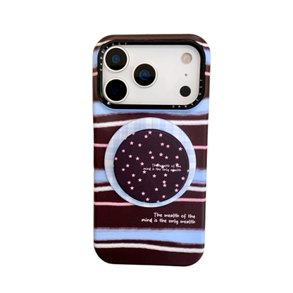 【Magnet内蔵】ボルドー マルチカラーストライプ ×ドット スター スタンド スマホケース｜iPhone対応 #241224