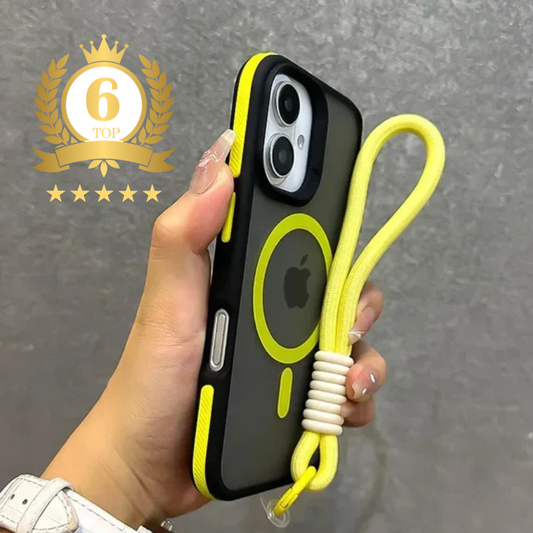 ネオンアクセント iPhoneケース｜ストラップ付き・マットブラック・スポーティデザイン #240411